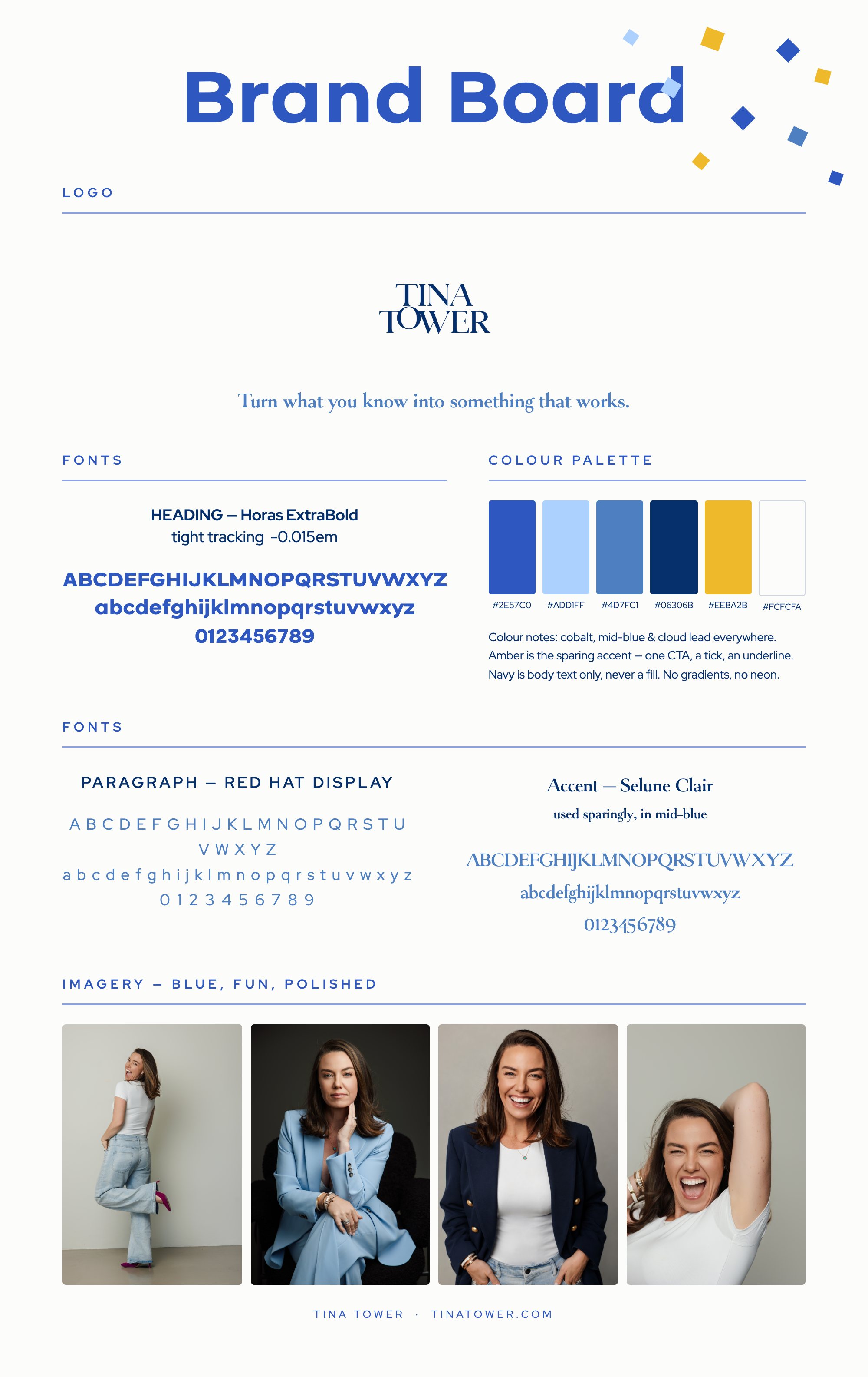 Tina Tower brand board — logo, fonts and colour palette