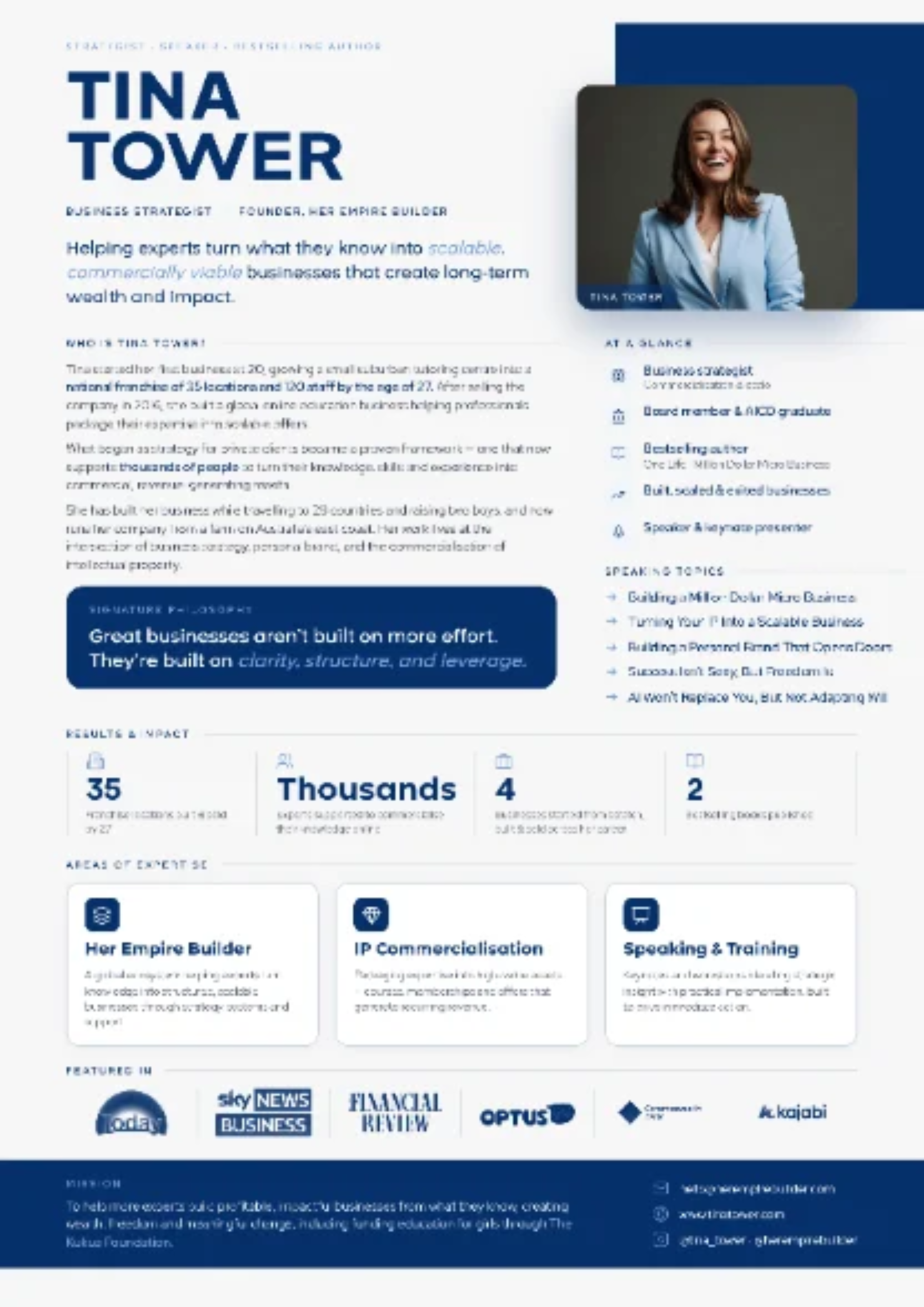 Tina Tower one-page profile designed with Claude