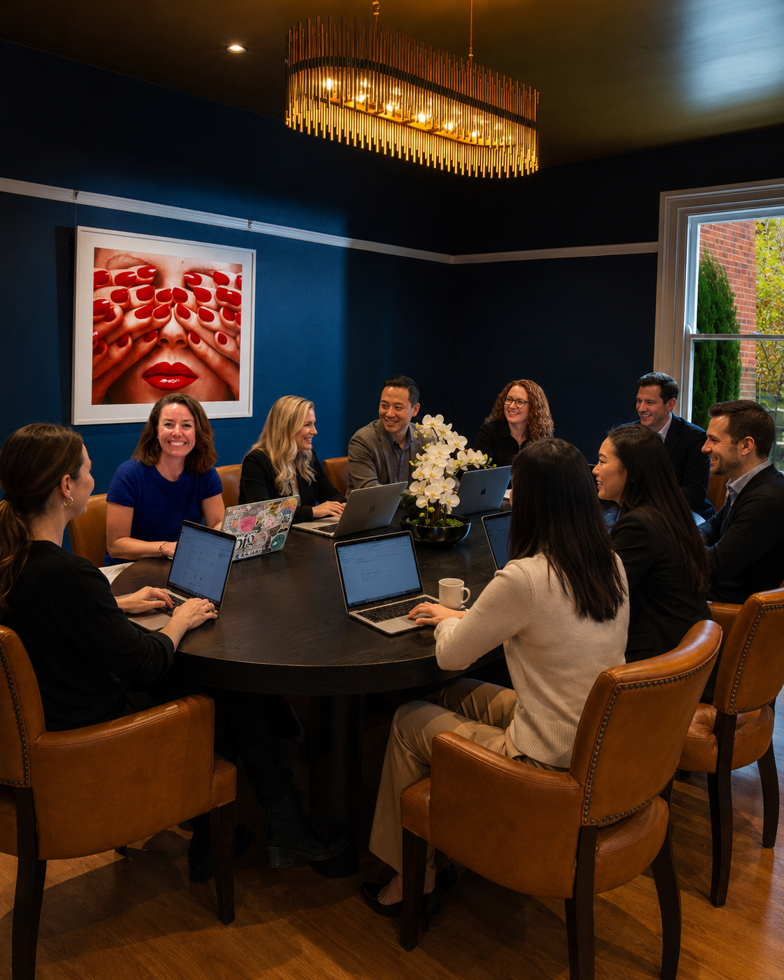 Working session, laptops open around the table